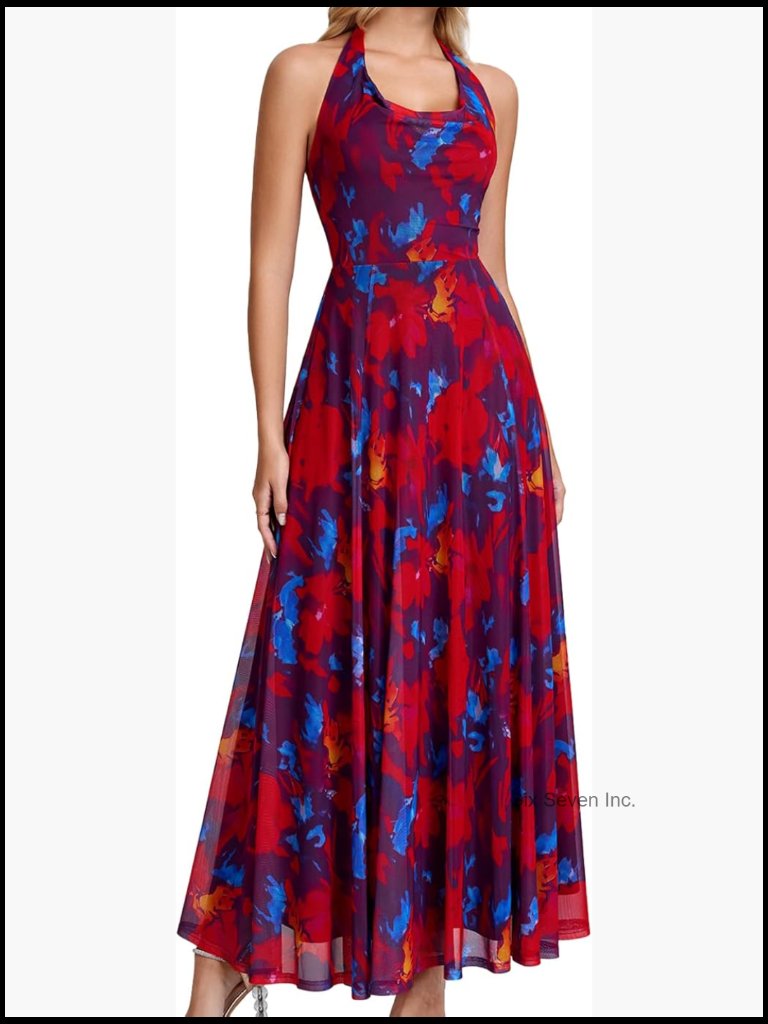 Mesh Halter Maxi Dress With Cowl Neck For Formal Wedding Guest